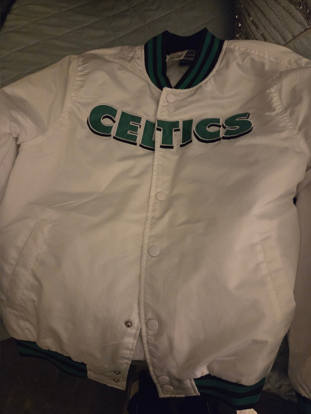 NWT Official Boston Celtics White Satin Varsity Bomber Jacket Small NBA